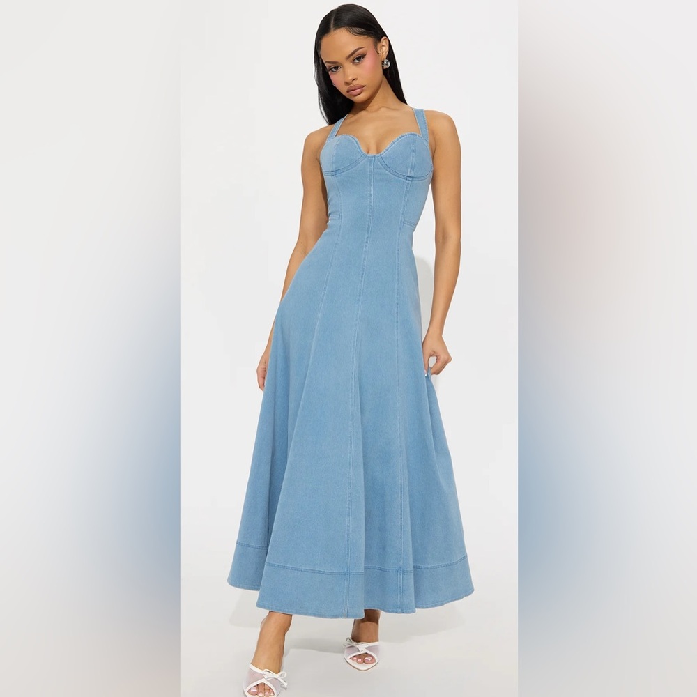 Fashion Nova Giddy Up Denim Midi Dress - Light Wash Blue